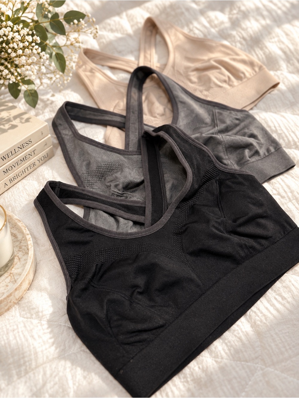FITIN 3 Pack Seamless Racerback Sports Bras Black Gray Beige Size L
